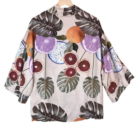 Parfois Fruit Print Kimono Jacket Linen Blend M Relaxed Open Front Tropical - Picture 3 of 9